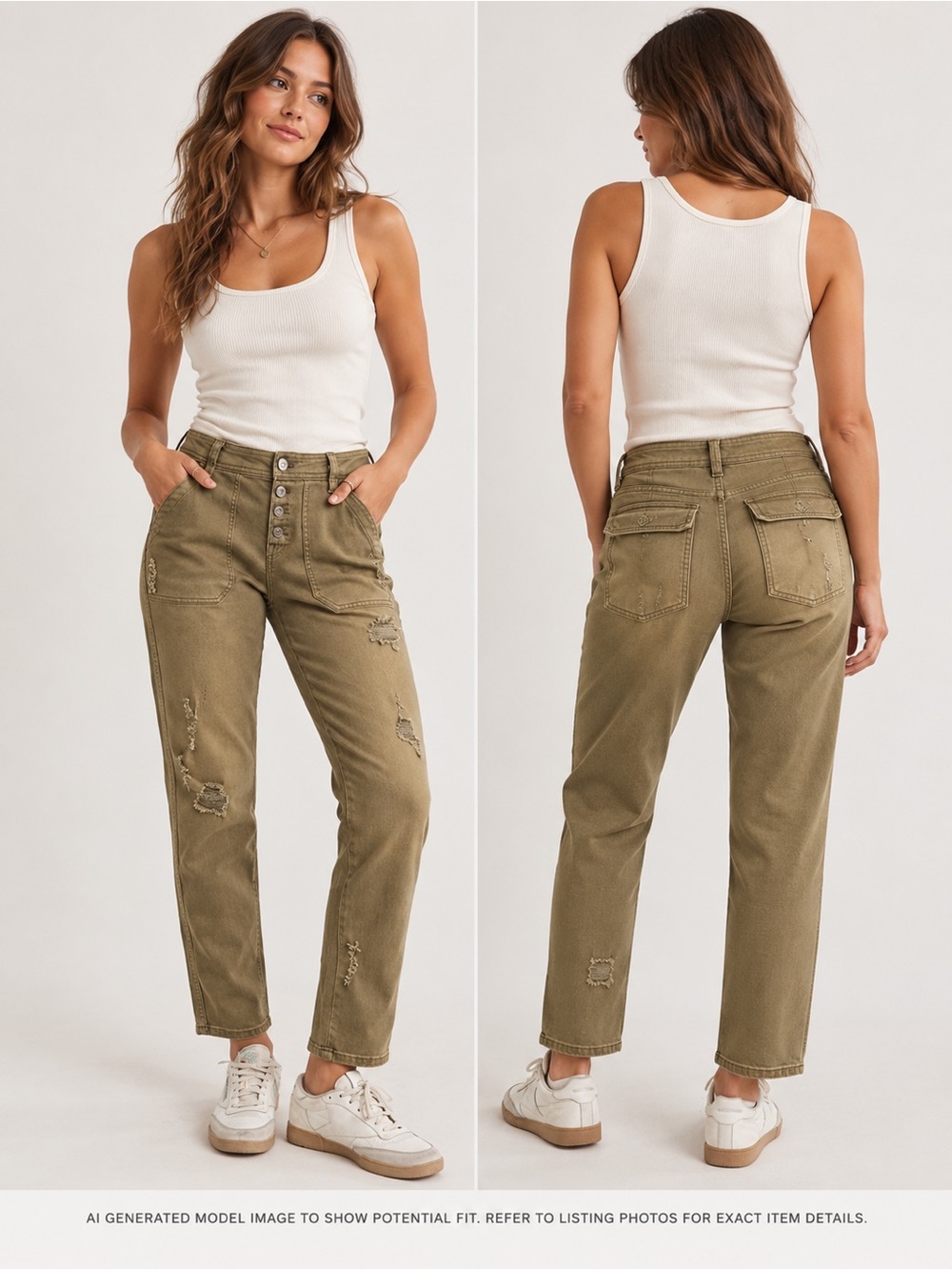 Free People Distressed Utility Straight Leg Jeans Size 4 Olive Khaki Button Fly